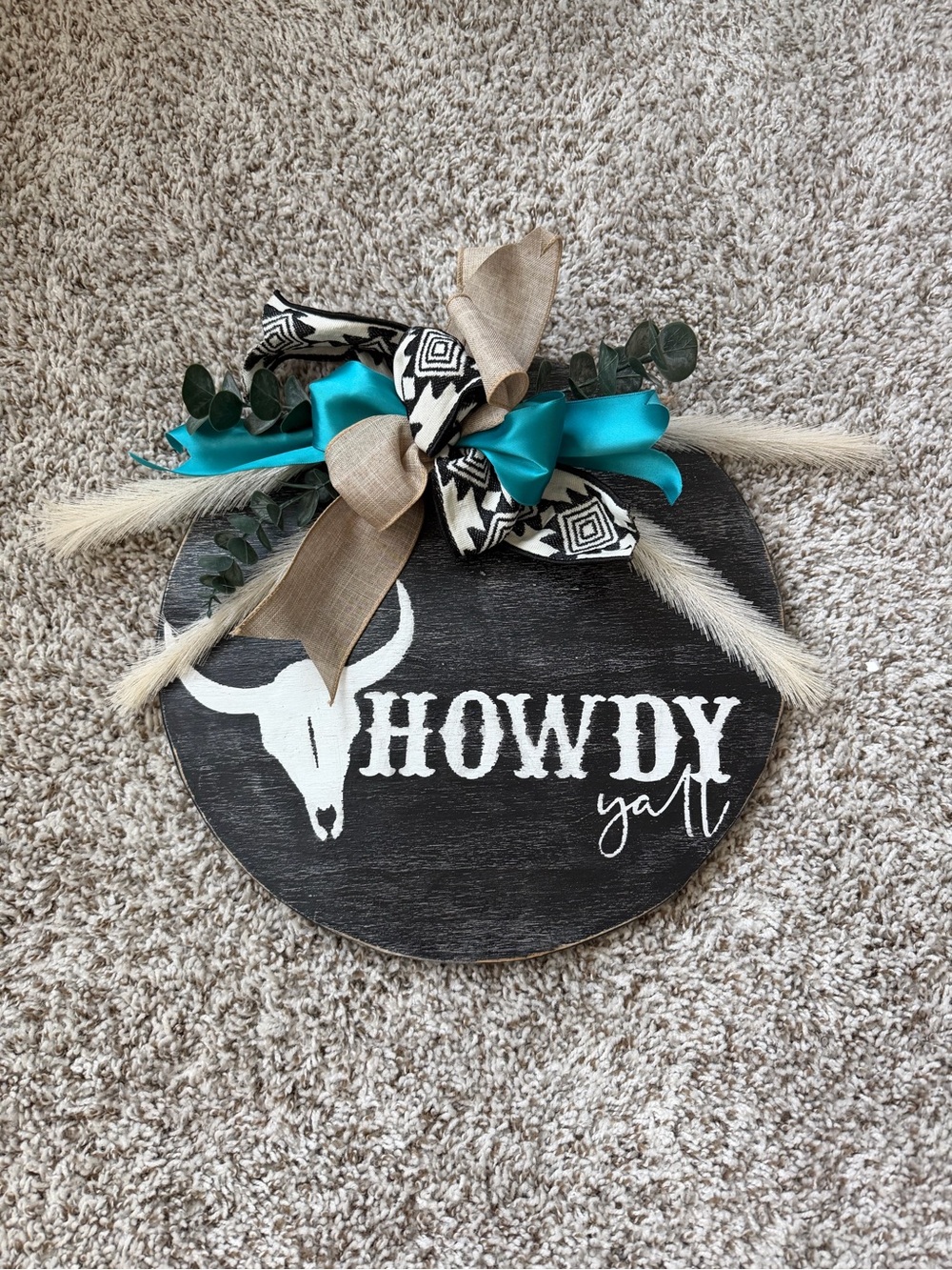 Howdy Y'all Black Round Wood Wall Sign with Teal Bow